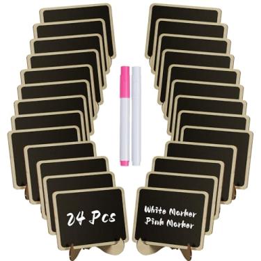 Imagem de Uniclife Pacote com 24 mini placas de quadro-negro para comida, placas pequenas de quadro-negro com suporte, marcadores de giz e adesivos de substituição, etiquetas de alimentos de madeira