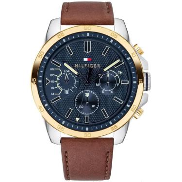 Imagem de Tommy Hilfiger Relógio casual masculino de aço inoxidável e pulseira de couro, cor: marrom (modelo: 1791561), Marrom, Movimento de quartzo