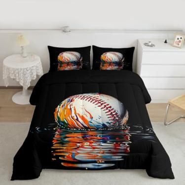 Imagem de Feelyou Conjunto de cama de beisebol com grafite para meninos e meninas, presente para amantes de beisebol, tamanho casal, hippie, graffiti, edredom de microfibra, colorido, moderno, decoração de