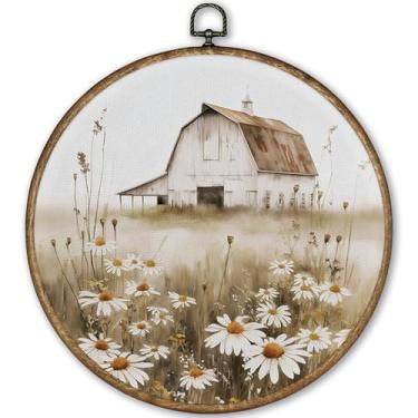 Imagem de TLESKE Vintage Farmhouse Barn Wildflower Round Wall Art Decor emoldurado 25 x 25 cm, arte de parede em tela de margarida rústica, arte de parede, casa de campo, decoração de porta de quarto para