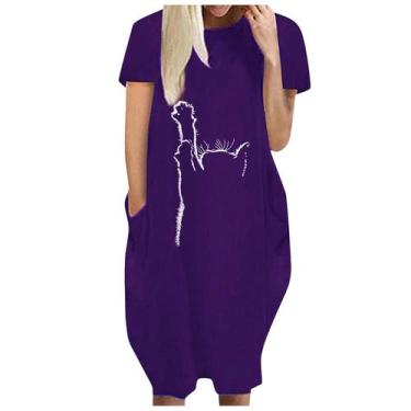 Imagem de Moda Feminina Loose Love Print O-neck Bolsos Casual Vestido de mangas 