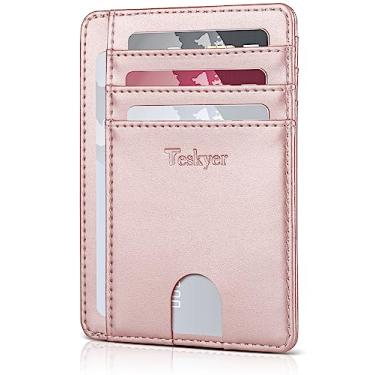 Imagem de Teskyer Carteira minimalista, carteira fina para homens e mulheres, carteira com suporte para cartão de crédito, carteira com bolso frontal com bloqueio de RFID, Ouro rosa, 4.60" x 3.15" x 0.15",
