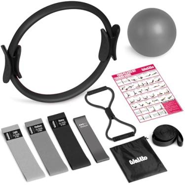Imagem de Conjunto de anéis de Pilates para mulheres, kit de equipamentos de pilates em casa com faixas de resistência, faixas de treino figura 8, círculo mágico, mini bola, acessórios para iniciantes de