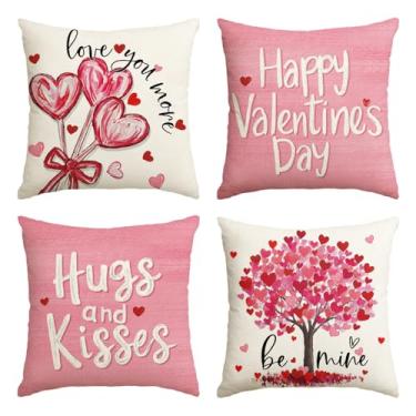 Imagem de AVOIN colorlife Capas de almofada Happy Valentine's Day Heart Lollipop buquê de pirulito, 45 x 46 cm, Love You More, abraços e beijos, decoração de almofada de casamento rosa para sofá, conjunto de 4