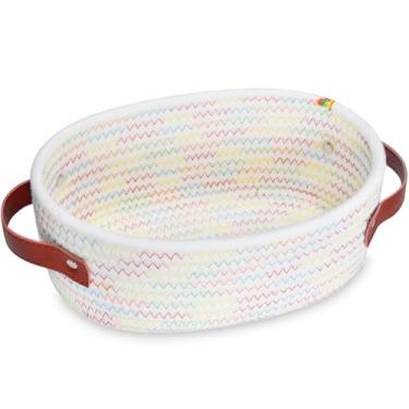 Imagem de Pequena cesta de tecido, mini cesta de armazenamento de corda de algodão, pequena cesta de Páscoa branca, cesta de prateleira, cesta decorativa oval, cesta de presente vazia