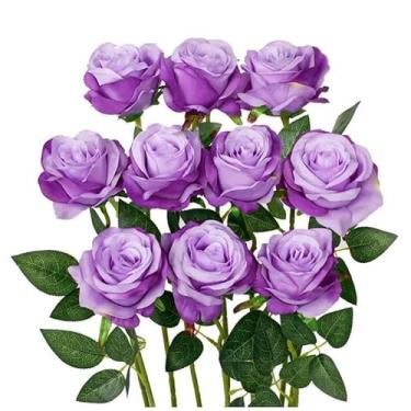 Imagem de 10 Rosas Artificial Lilás Aveludada Individual Dia Das Mães Decoração Arranjo Flor - Flores Artificiais Premium para Decoração Moderna, Arranjos Florais Elegantes