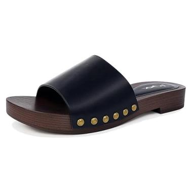 Imagem de TruFox Tamancos femininos de bico aberto de salto baixo com tachas, sandália de madeira sintética, sapatos vintage cravejados, Preto, 36