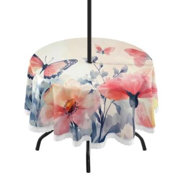 Imagem de CEBUGI Toalha de mesa redonda para uso externo, borboleta, impermeável, com furo Umberlla, capa de mesa lavável para pátio, cozinha, sala de jantar, 152 cm