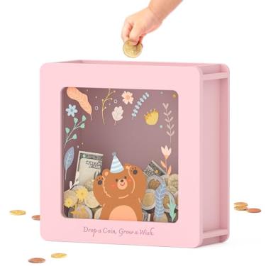 Imagem de Cofre de madeira para crianças e adultos, cofre de dinheiro, caixa de economia de dinheiro com adesivos faça você mesmo, caixa de cartão de presente de urso personalizada, para aniversário, chá de