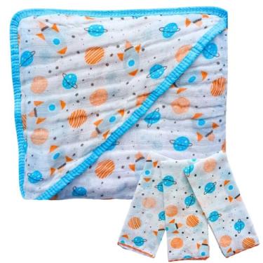 Imagem de Kit Bebê Completo Toalha de Banho Soft com Capuz + 3 Paninhos de Boca 100% Algodão (Foguete)