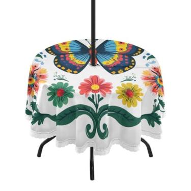 Imagem de CEBUGI Toalha de mesa redonda para uso ao ar livre, flor, borboleta, impermeável, com furo Umberlla, capa de mesa lavável para pátio, cozinha, sala de jantar, 152 cm