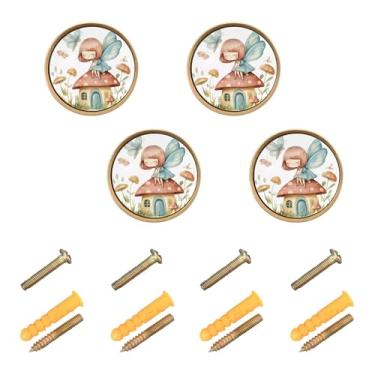 Imagem de Burbuja Puxadores de armário de cozinha de casa de cogumelo de desenho animado, pacote com 4, puxadores de gaveta redonda de 3,5 cm com parafusos para armários de cozinha, quarto, armário