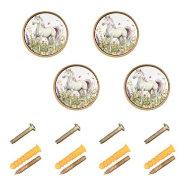 Imagem de Burbuja Maçanetas de armário de cozinha de jardim de flores de unicórnio aquarela, pacote com 4, puxadores redondos de 3,5 cm, puxadores de cômoda com parafusos para armários de cozinha, quarto