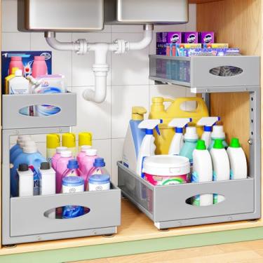 Imagem de Organizador embaixo da pia, pacote com 2 organizadores de armário com 2 camadas, prateleira deslizante de metal, altura ajustável em forma de L, gaveta deslizante de malha para cozinha, banheiro