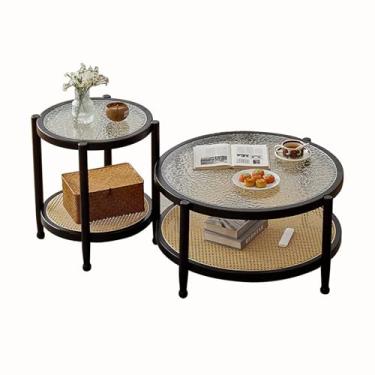 Imagem de Mesas de centro pretas redondas de 80 cm para sala de estar, mesa de centro de vidro de 2 andares, mesa central simples e moderna para espaços pequenos, mesas laterais industriais (A)