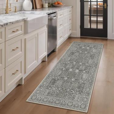 Imagem de Bavni Tapete de corredor de 6 x 15 cm para corredores, tapete lavável antiderrapante, estilo estampa floral vintage para quarto - Tapete leve de pelo baixo para corredores e banheiro, Gery