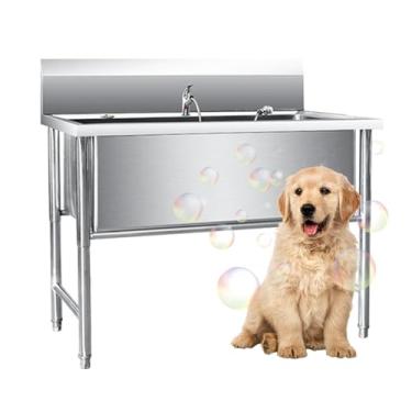 Imagem de Banheira de cuidados para cães de 119 cm Banheira grande para animais de estimação em aço inoxidável para cães grandes comercial doméstico com torneira, porta deslizante, grade de piso (estilo A)