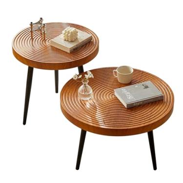 Imagem de Conjunto de 2 mesas de centro redondas industriais para sala de estar, mesas laterais empilháveis, mesa de centro de madeira, mesa lateral para sala de estar, mesa lateral de sofá (cor de madeira)