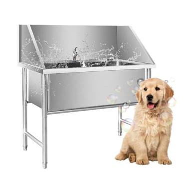 Imagem de Banheira de cuidados para cães de 119 cm Banheira grande para animais de estimação em aço inoxidável para cães grandes comercial doméstico com torneira, porta deslizante, grade de piso (estilo B)