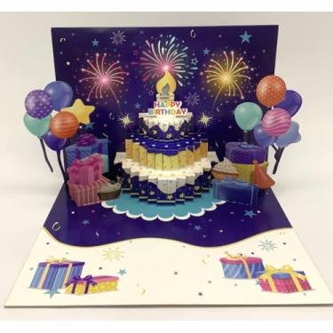 Imagem de XTF2015 Cartões de aniversário de fogos de artifício, música e luzes LED cartão pop-up 3D com bolo de aniversário soprável, vem com DIY digital, nota adesiva e envelope, para amante, família e amigos