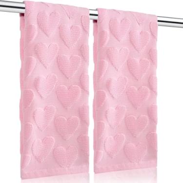 Imagem de Toalhas de mão de cozinha Dia dos Namorados - 2 peças 75 cm x 34,8 cm rosa 3D coração geometria conjunto de toalhas de chá para decoração de casa, acessórios de algodão toalhas de prato absorventes