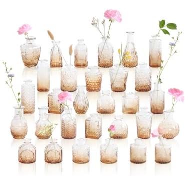 Imagem de GarDream Ombré Amber Bud Vases Conjunto de 30, Vaso de Vidro Pequeno Vintage para Flores, Centros de Mesa de Casamento, Decoração de Mesa de Festa, Chá de Bebê, Mini Vaso Decorativo para Cornija de