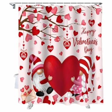 Imagem de Artwork Store Cortina de chuveiro Happy Valentine's Day, leve, vermelha, rosa, coração, gnomos, com 12 ganchos, cortina de banho à prova d'água para banheiro, decoração de banheira 182 x 182 cm