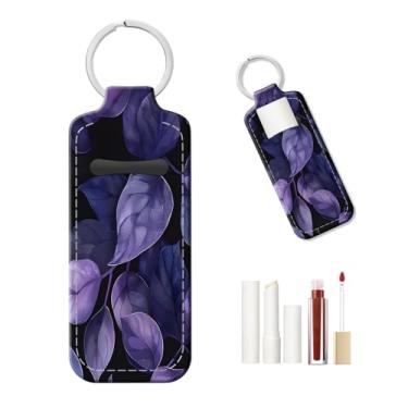 Imagem de PLKTJOSA Chaveiro de protetor labial personalizado, capa de couro reutilizável - ideia de presente de Natal (folhas roxas)