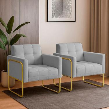 Imagem de Poltrona Sala Industrial Alta Tubo Dourado Kit 2 Elisa Linho D03 - D'rossi Cor Cinza