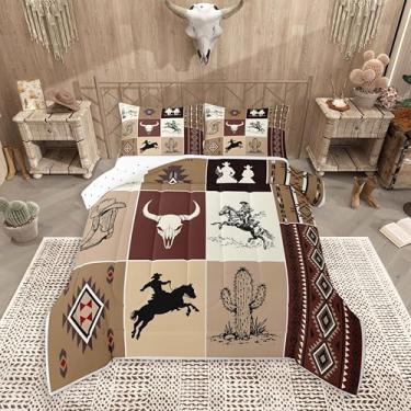 Imagem de Feelyou Jogo de cama ocidental para meninos e meninas, asteca do sudoeste, Queen, rústico, caubói, cavalo, edredom vintage, decoração de quarto, crânio de touro marrom com 2 fronhas