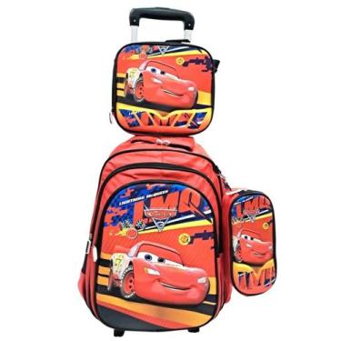 Imagem de Kit Escolar Infantil Carros 3 Peças: Mochila de Rodinhas + Lancheira +