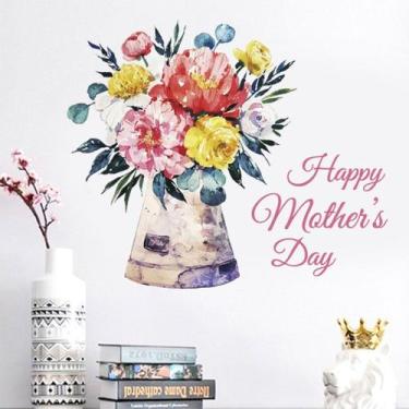 Imagem de Adesivos de parede Feliz Dia das Mães, buquê de flores coloridas - yiw
