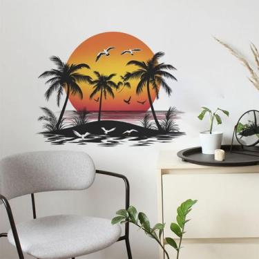 Imagem de Adesivos de parede Sunset Palm Tree and Seagulls autoadesivos - yiweis