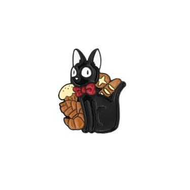Imagem de Broche Pins de gato preto de desenho animado com laço vermelho e pão -