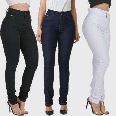 Imagem de Kit 3 Calças Feminina HNO Jeans Skinny Classic Preta  Azul Marinho e Branca-Feminino