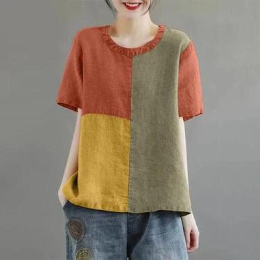 Imagem de Blusa Feminina De Algodão E Linho Com Patchwork Verão 2024 Manga Curta