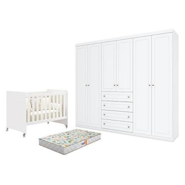 Imagem de Kit Berço Americano Evolution 4 em 1 com Guarda Roupa Casal 6 Portas e Colchão Branco Móveis Henn