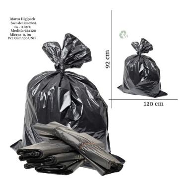 Imagem de Saco de Lixo Forte P6 200L para Cozinha Pacote com 20 Unidades Preto Higipack