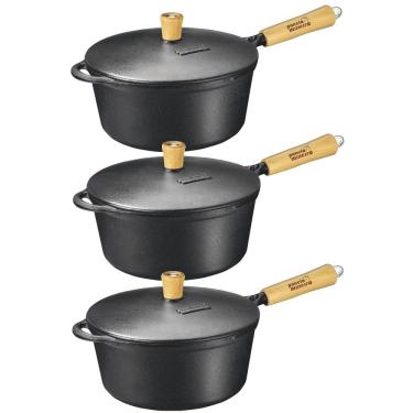 Imagem de Kit Caçarolas de Ferro Tampa Ferro Cabo Madeira 19,21 e 25cm