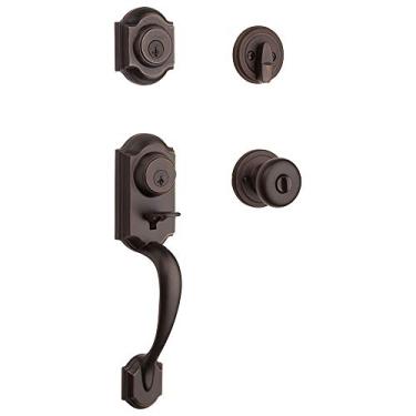 Imagem de Kwikset Conjunto de maçaneta e fechadura da porta da frente Montara, maçaneta de entrada externa com maçaneta interna, bronze veneziano, segurança SmartKey Rekey resistente a picaretas