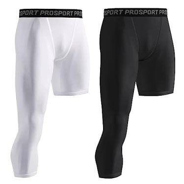 Imagem de Blaward Pacote com 2 calças de compressão masculinas de basquete de uma perna única legging atlética camada básica roupa íntima 3/4 ou completa, Preto+branco#direita, PP
