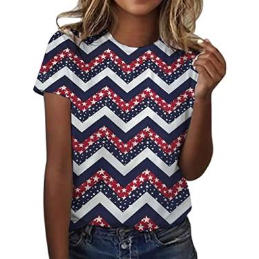 Imagem de Camiseta feminina bandeira americana listras estrelas EUA camiseta jeans feminina manga curta camiseta patriótica, Vermelho melancia, XXG