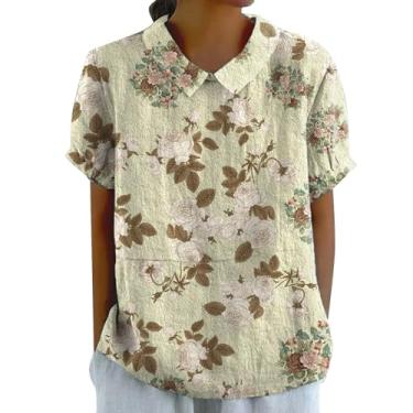 Imagem de Camiseta feminina floral com gola de boneca, manga curta, caimento solto, casual, elegante, camiseta de verão, Bege, P