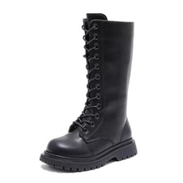 Imagem de Botas de equitação de salto baixo com cadarço até o meio da panturrilha para meninas botas de equitação de couro infantil com zíper lateral de couro para crianças botas de outono e