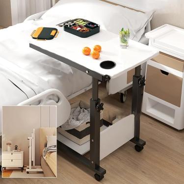 Imagem de Mesa de cama de altura ajustável para laptop - mesa móvel de quarto com rodas, mesa sobre cama para casa e mesa lateral de hospital - mesa lateral rolante para sofá, mesa multiuso W, branco-preto