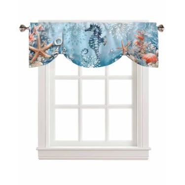 Imagem de Cortinas de amarrar cavalo-marinho náutico para janelas, azul oceano laranja estrela do mar coral floral haste bolso cortina de amarrar para janela curta ajustável para cozinha, sala de estar