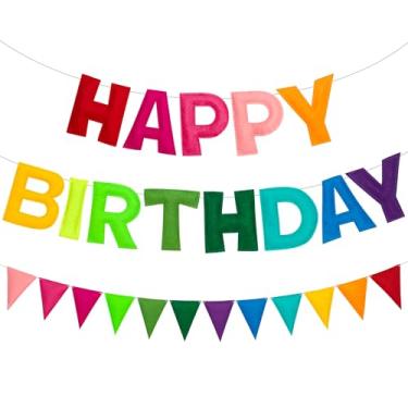 Imagem de Faixa de feliz aniversário arco-íris feltro guirlanda bandeira arco-íris decorações de festa de aniversário personalizado sinal de feliz aniversário para decoração de festa de aniversário