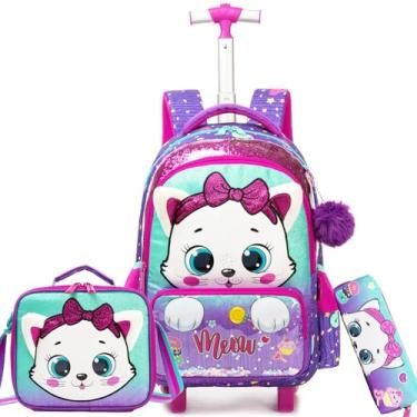 Imagem de ZBAOGTW Mochila com rodinhas para crianças de 8 a 12 anos com rodas para crianças de 8 a 12 anos, Gato roxo, 16.5 x 11.8 x 7.8 inches
