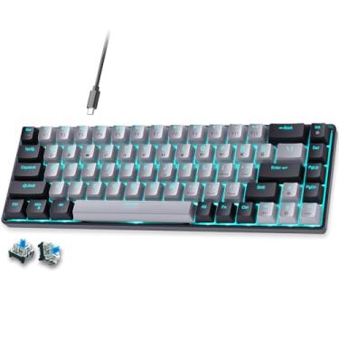 Imagem de abucow Teclado 60% mecânico para jogos, teclado compacto com fio Blue Switch com luz de fundo azul, teclas pretas e cinza intercambiáveis, para Windows/Mac