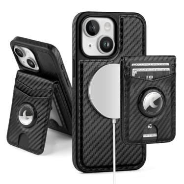 Imagem de SkyEagle Capa carteira compatível com MagSafe iPhone 14 Plus com suporte para AirTag, 2 em 1, couro sintético, magnético, destacável, com bloqueio de RFID, suporte para cartão de crédito, capa flip